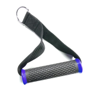 Close-up of the Nylon Stirrup Handle Ribbed in black and purple, featuring a textured grip and an attached black strap with a metal ring. Designed for resistance bands or gym equipment, the white background highlights its features.