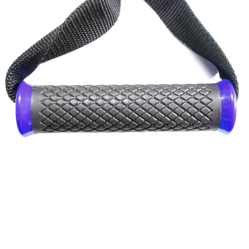 The Nylon Stirrup Handle Ribbed features a black textured grip with a woven pattern and blue end caps. It includes a black adjustable strap for secure holding, set against a white background.