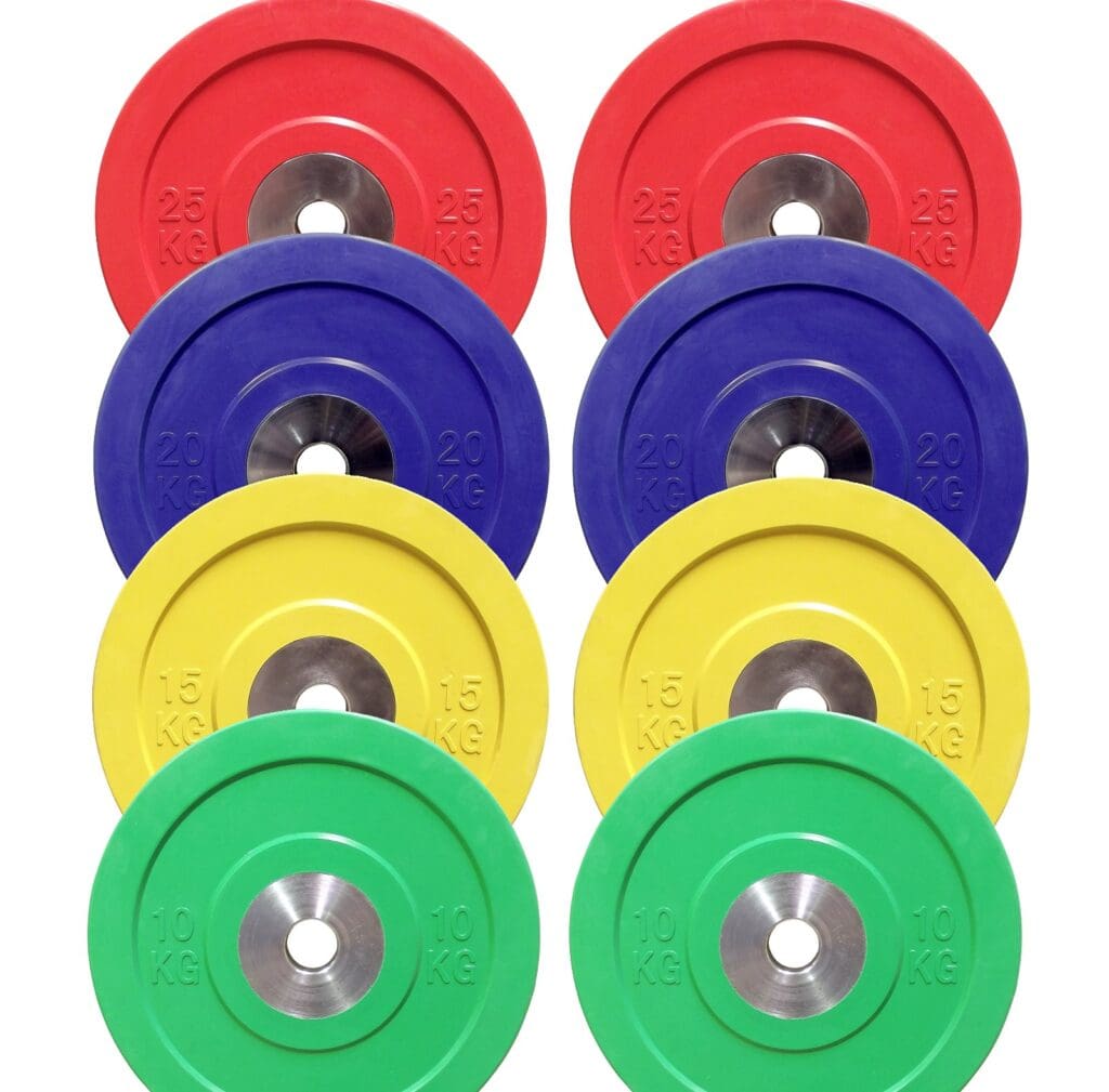 A set of eight brightly colored weight plates arranged in two columns. Each column features red (25 kg), blue (20 kg), yellow (15 kg), and green (10 kg) plates, with a central metal ring in each plate.