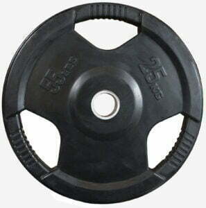 A black weight plate with a central hole, labeled 25 kg and 55 lbs, featuring grip handles on the edges for easy lifting.