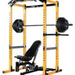 Yellow Powertec Power Rack with bench and barbells