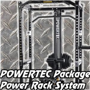 A Powertec power rack system in a gym setting with a metallic textured background. The image showcases a weightlifting setup with adjustable bars and weight plates. Text overlay reads POWERTEC Package Power Rack System..