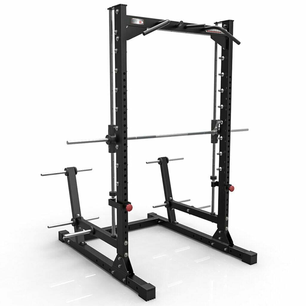 A black power rack with a pull-up bar and barbell resting on adjustable hooks is shown. It has safety catch bars and plate storage pegs on each side. The rack is standing on a flat surface, ready for weightlifting exercises.