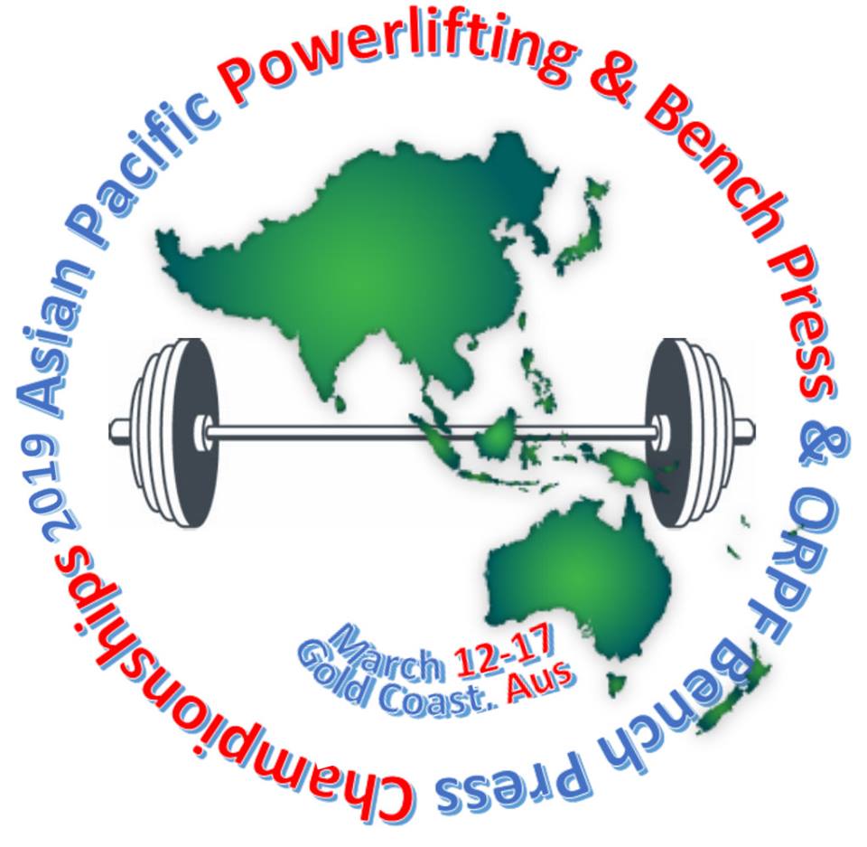 Logo for the 2019 Asian Pacific Powerlifting & Bench Press Championships. It features a map of Asia-Pacific with a barbell over it, surrounded by event details and dates: March 12-17, Gold Coast, Australia.