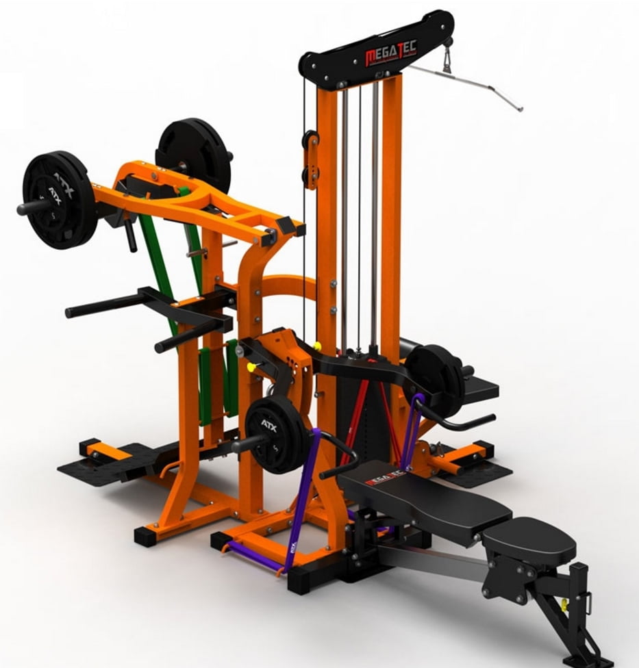 A multi-functional gym equipment setup with orange and black components, featuring a bench, weight plates, cables, and pulleys, designed for strength training exercises.