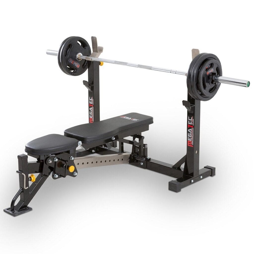 A weight bench with an adjustable back and attached barbell rack, perfect for those consulting a bench press buying guide. It features a loaded barbell with weights on each side, predominantly black design, and sturdy metal frame adorned with visible brand logos.
