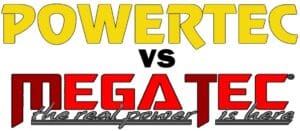 Bold yellow text reads POWERTEC above bold red text that reads MEGATEC. The words are centered with VS between them. Below MEGATEC, smaller script reads the real power is here.