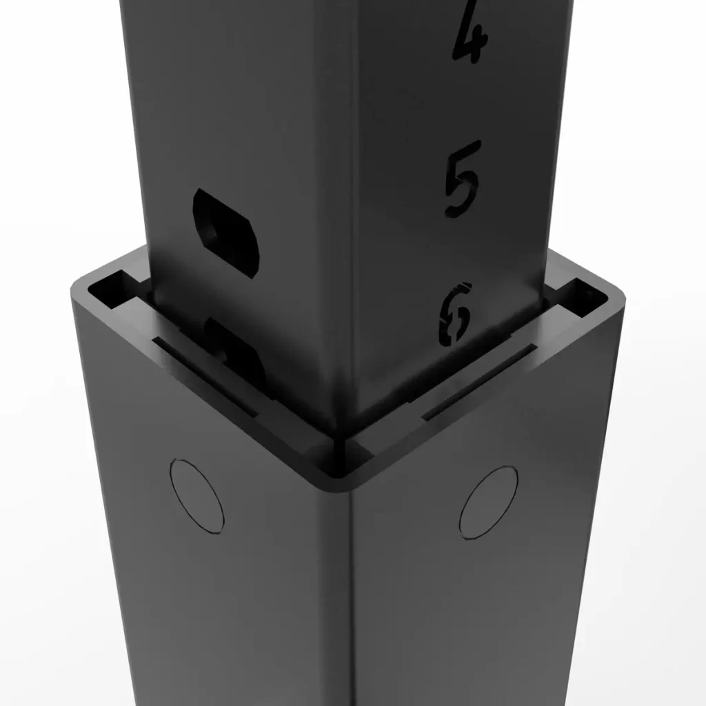 Close-up of the ATX® Olympic Bench Press 700s black adjustable metal post with numbered height markers from 4 to 6, featuring square holes and circular indents for secure locking. The background is plain white.