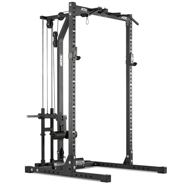 The ATX® Half Rack is a sturdy black power cage with adjustable weightlifting attachments, including cable pulleys, safety bars, and a pull-up bar. It features multiple holes for customization and is suitable for home or gym strength training.