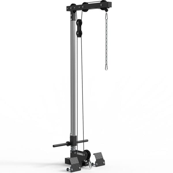 The ATX® Lat Option 510 195cm is a home gym pulley machine featuring a vertical metal frame, adjustable weights, and a cable system. It includes chains, handles, and base foot platforms for upper body workouts.