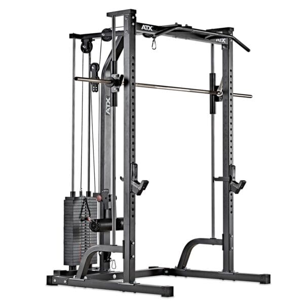 The ATX® Smith Machine System Stack Weight 115 kg is a versatile gym machine with weight stacks, a pull-up bar, and adjustable cables, ideal for strength training exercises such as weightlifting and resistance training.