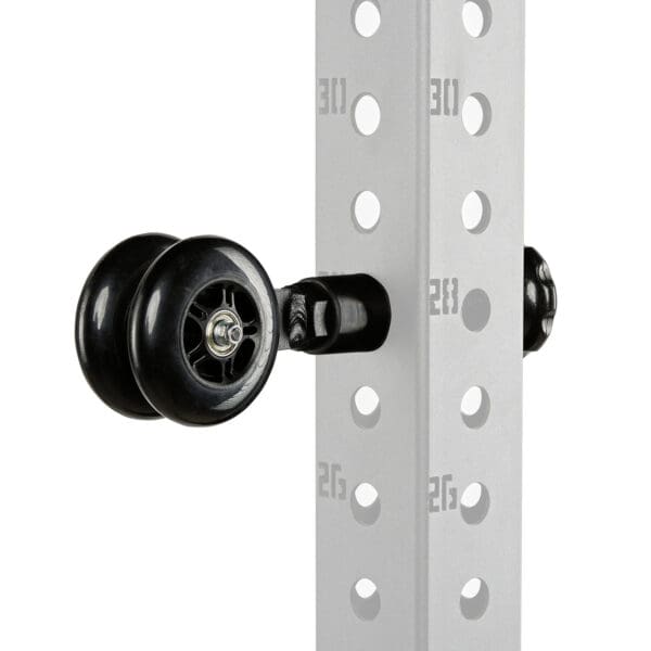 Close-up of an ATX® Mobility Roller in black on a white perforated metal rack with numbered holes for alignment, mounted on a swivel bracket.
