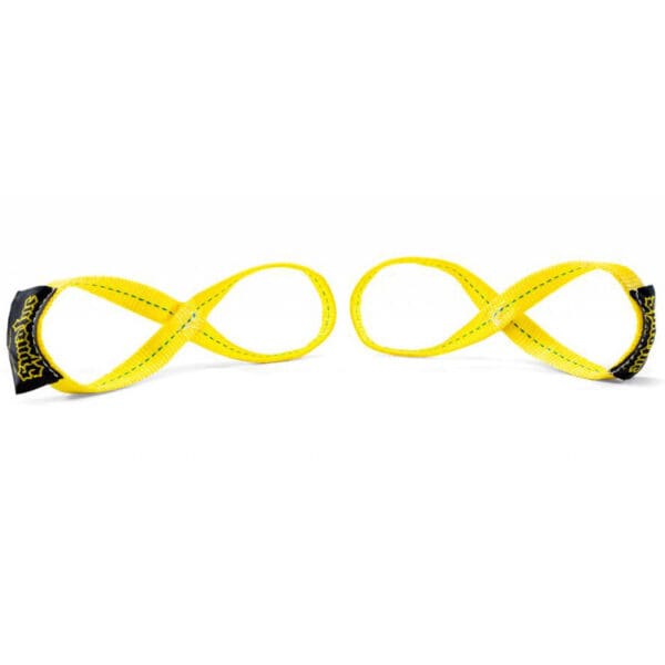 Bright yellow lifting straps with black ends are shown on a white background, shaped into loops for weightlifting or training support.