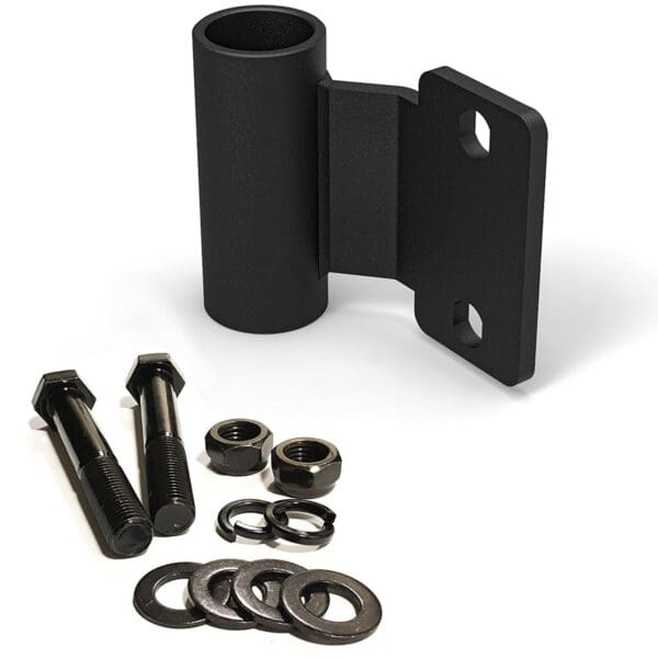 The ATX® Olympic Barbell Storage Offset is a black wall mount bracket with two holes, accompanied by two black bolts, two nuts, and four washers on a white background.