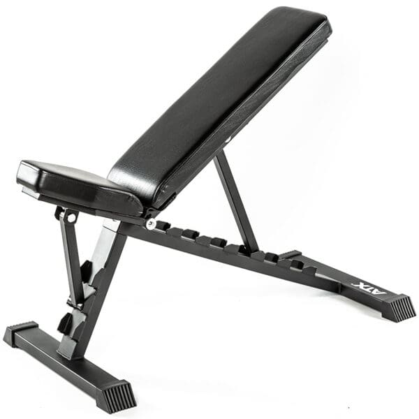The ATX® Multi Bench 102, now discontinued, features a black padded seat and backrest with an adjustable incline. Its metal frame ensures stability, making it suitable for various exercises.