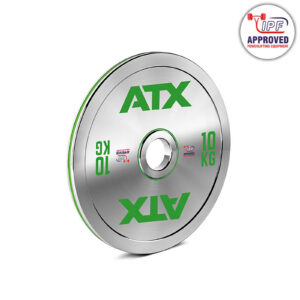 A 25 kg chrome powerlifting plate from ATX®, featuring green ATX lettering, approved for use in powerlifting competitions with the IPF logo, meets official standards.