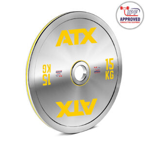 The ATX® 25kg Chrome Powerlifting Single Plate features a sleek silver finish with vibrant yellow lettering and is certified as IPF approved, making it perfect for any powerlifting competition.