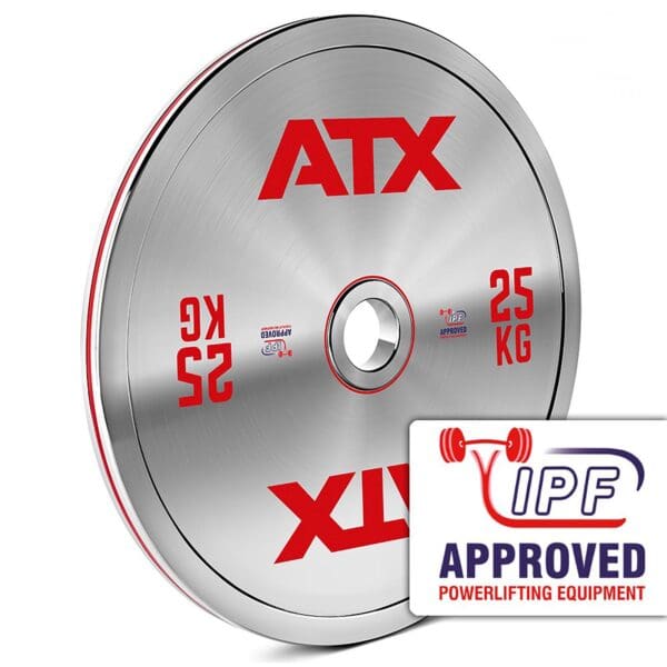 The ATX® 25kg Chrome Powerlifting Single Plate is silver with red ATX text, has a sticker reading IPF Approved Powerlifting Equipment, and features a barbell icon, marking it as an official competition disc.