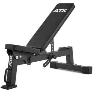 A black folding fitness bench with ATX branding on both the seat and frame. The adjustable bench features a padded incline backrest and sturdy construction, making it ideal for supporting weightlifting exercises.