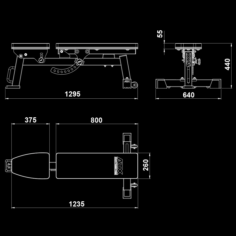 Technical drawing of the ATX® Flat Incline Bench 610, adjustable, displaying side, front, and top views with measurements in millimeters: length 1295, width 640, height 440, seat width 375, backrest length 800, seat thickness 55.