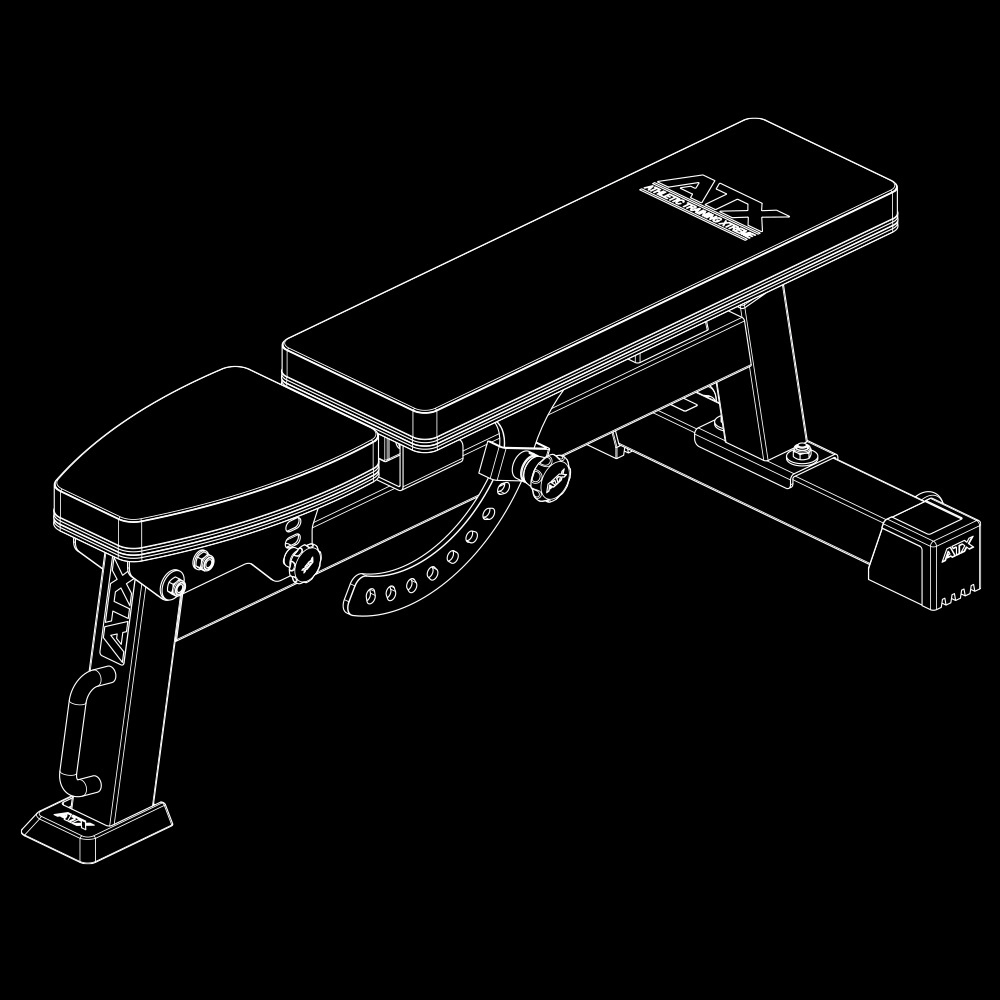 Line drawing of the ATX® Flat Incline Bench 610 with padded support, multiple legs, angle adjustment mechanisms, and visible ATX logo. The bench is set against a black background.