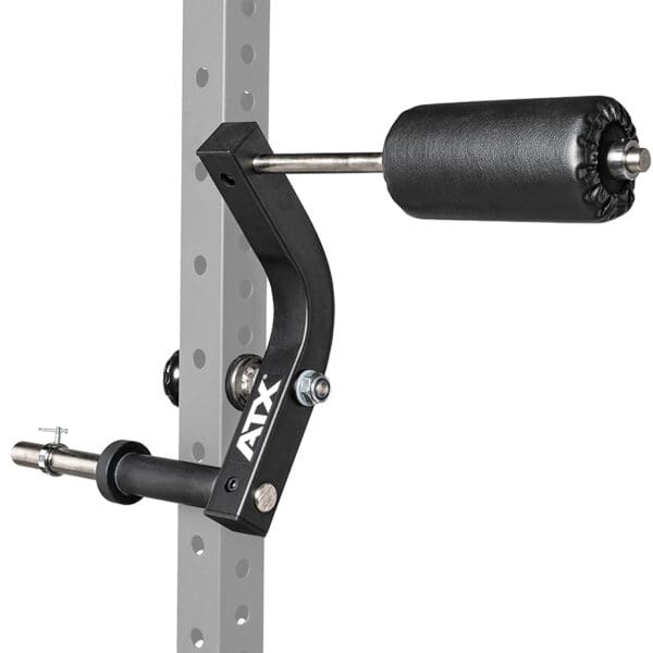 The ATX® Neck Trainer Add On features a black and silver adjustable arm with a padded roller, mounted on a grey perforated metal frame, and is designed for fitness equipment like a power rack.