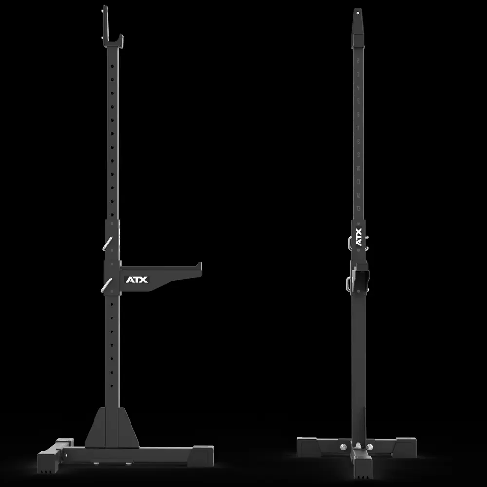 Two ATX® Squat Stands 510 in black with adjustable height and safety arms, featuring ATX branding, are shown from the front and side against a solid black background.