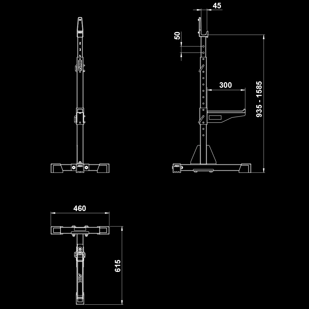 Technical line drawing of ATX® Squat Stands 510, shown from front, side, and top views with dimensions: height adjustable 935–1585 mm, base width 460 mm, arm length 300 mm, lower leg height 615 mm.