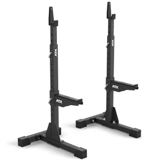 A pair of ATX® Squat Stands 510 in black with height markers, horizontal safety arms, and the ATX logo—perfect adjustable squat stands for home gym or gym weightlifting—set against a plain white background.