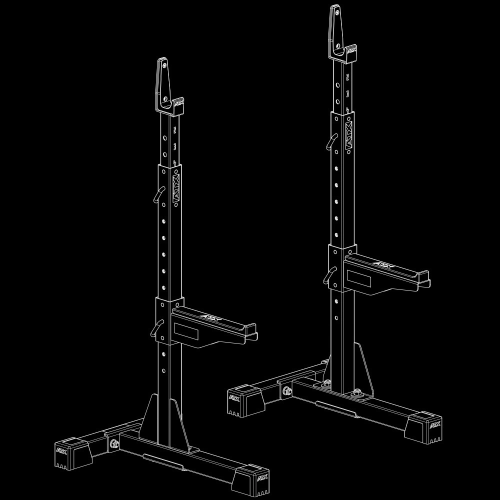 Line drawing of two ATX® Squat Stands 510 for home gyms with safety arms, wide stable bases, and multiple height adjustment holes, displayed on a black background.