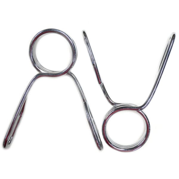 Displayed on a white background, two Barbell Spring Collars - Olympic feature circle grips and U-shaped clamp ends, ensuring secure and stable performance during intense workouts.