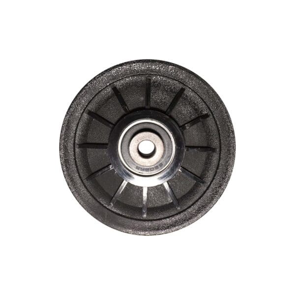 A close-up image of the Cable Pulley 105mm shows a black textured wheel with metallic bearing at its center, surrounded by radiating spokes. The white background highlights its detailed design.