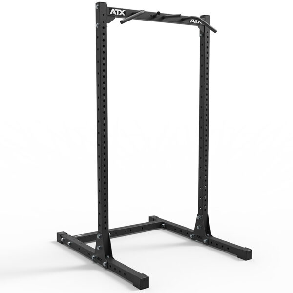 A freestanding black metal ATX® Half Rack 750 features adjustable holes for weightlifting and a pull-up bar at the top, with ATX visible on the header bar, set against a white background.