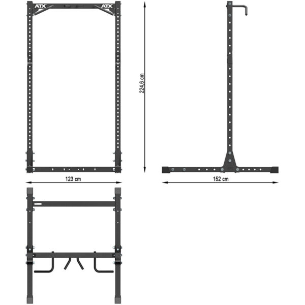Diagram of the ATX® Half Rack 750 in black, dimensions: height 224.6 cm, width 123 cm, depth 152 cm. Includes front, side, and top views with features like adjustable holes and support bars highlighted.