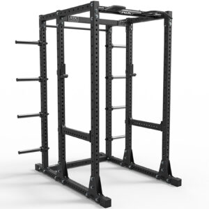 The ATX® Power Rack 750 Deluxe Set is black, designed for weightlifting with multiple adjustable positions. It includes pull-up bars and side weight plate storage pegs, set against a plain white background.