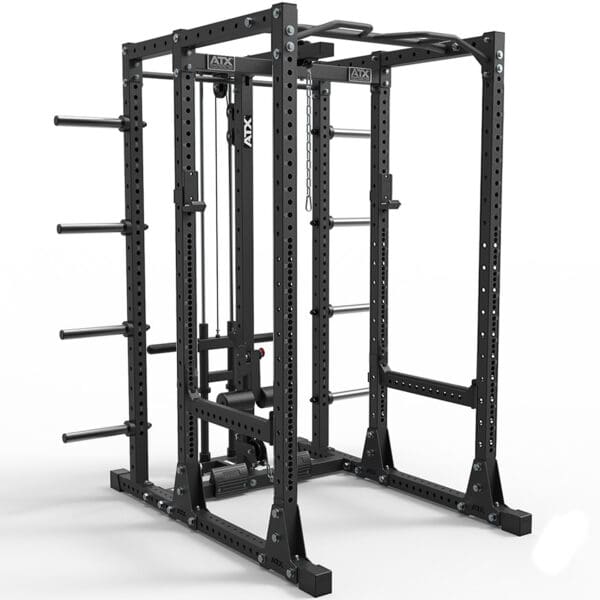 The ATX® Power Rack 755SD Deluxe is a robust black power rack with attachments like pull-up bars and weight pegs, featuring a solid frame and adjustable options for strength training exercises.