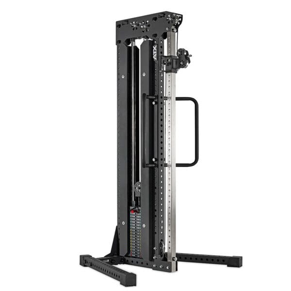 A black and silver adjustable cable weight machine for home or gym workouts, featuring a weight stack with a pin-selector system and a sturdy frame with multiple holes for adjustment. Handles are visible on the side for support, making this cable station versatile and user-friendly.