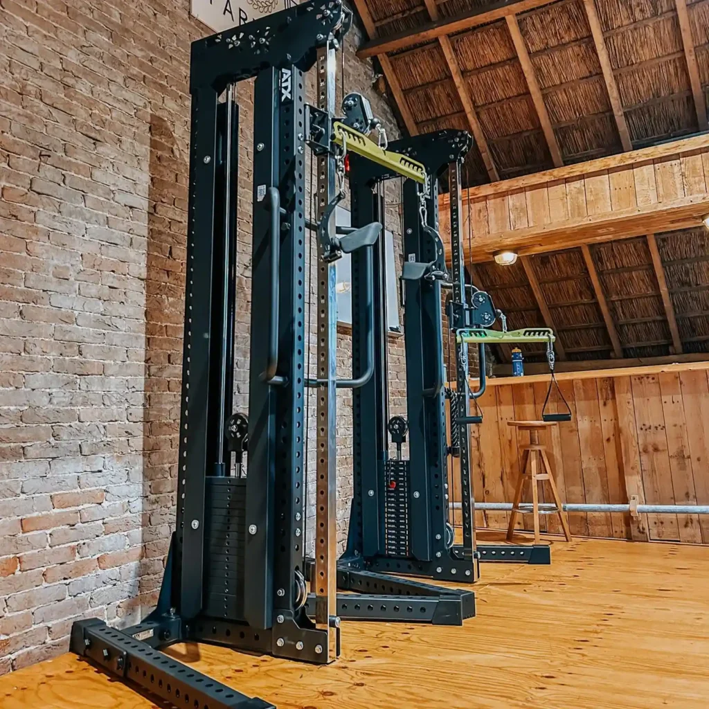 A rustic gym interior with wooden floors and walls features a sleek cable weight machine and another multifunction cable machine positioned side by side. A wooden ladder leans against the back wall, enhancing the cozy, cabin-like atmosphere.