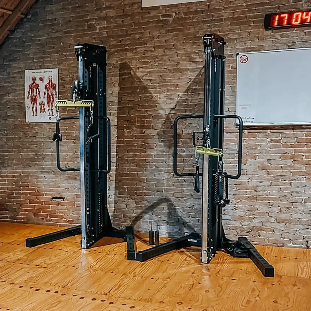 A cable weight machine sits beside a gym cable station, both nestled against a brick wall. The clock reads 17:04, while a whiteboard and a muscle anatomy poster lend character. Wooden flooring completes the scene.