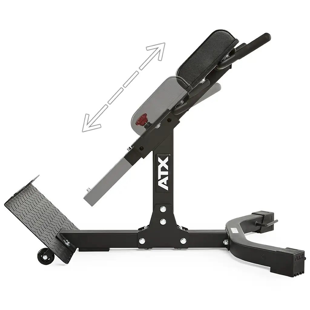 Side view of the ATX® Hyperextension Machine 650, featuring an adjustable black back extension bench with a footplate and arched backrest. The illustration shows a range of motion through a dotted arrow, highlighting its suitability for exercises targeting the lower back, glutes, and hamstrings.