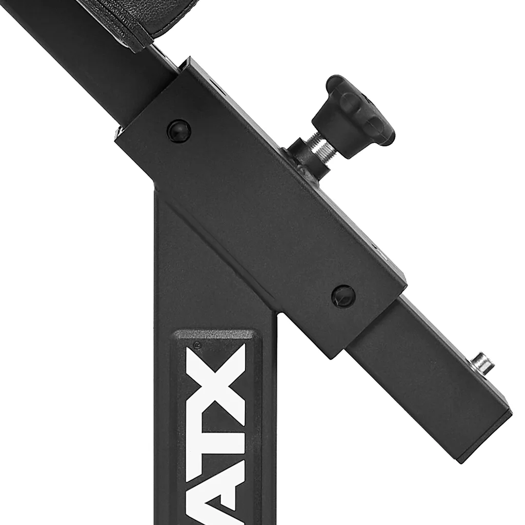 Close-up of the ATX® Hyperextension Machine 650, a black adjustable metal stand equipped with a screw knob for height adjustment. The stand showcases visible bolts and prominently displays the ATX logo on its side.