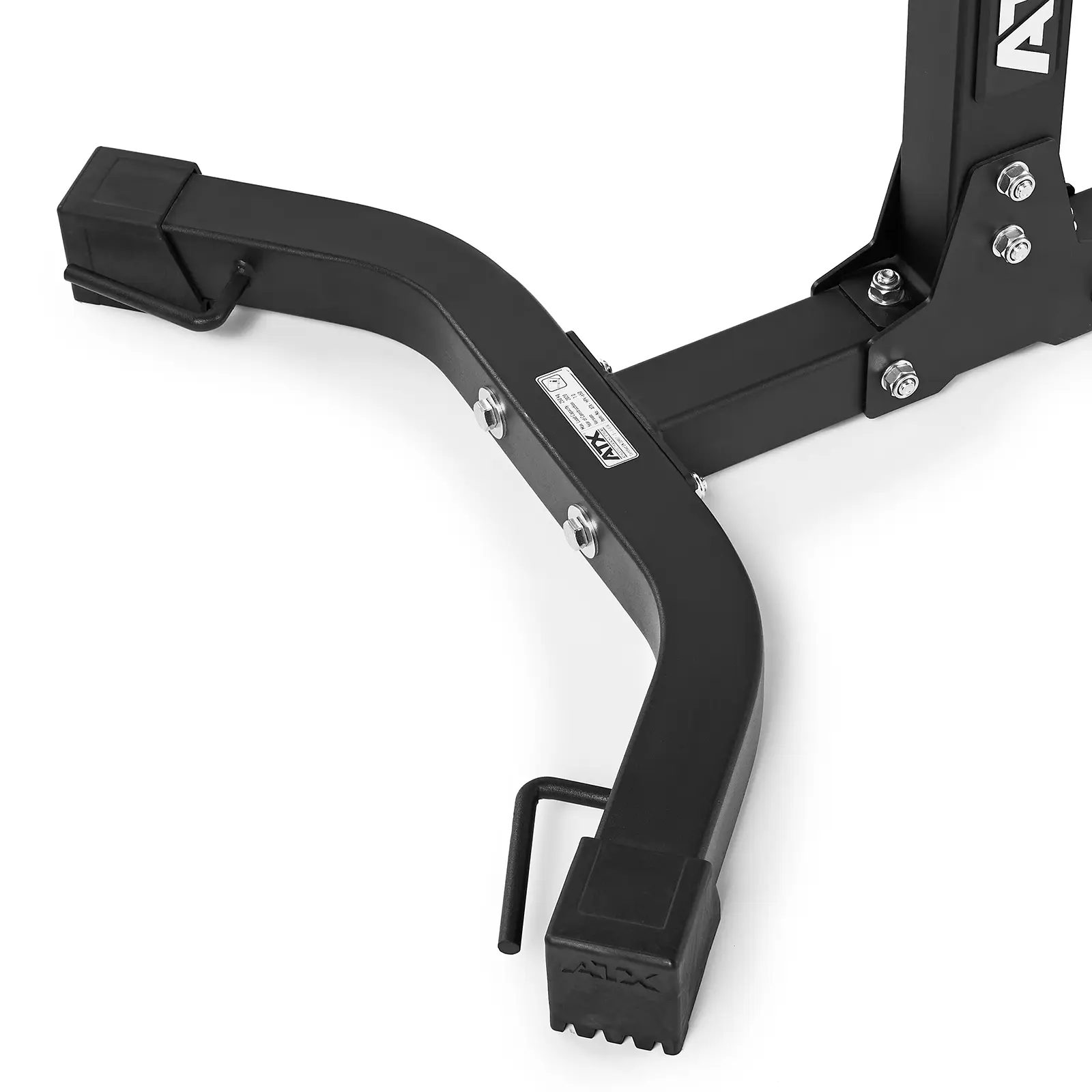 Close-up of the base of the ATX® Hyperextension Machine 650, featuring a black metal stand or frame with bolts and a hook. The textured surface prominently displays the "ATX" logo, giving off a strong and sturdy appearance.