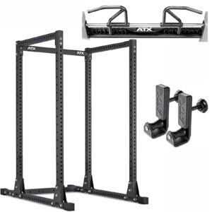 The ATX® Power Rack 770 XL SET features adjustable holes, a pull-up bar attachment, and bracket-like J-hooks for barbell support. The black rack is displayed from multiple angles, showcasing its versatility for various exercises.