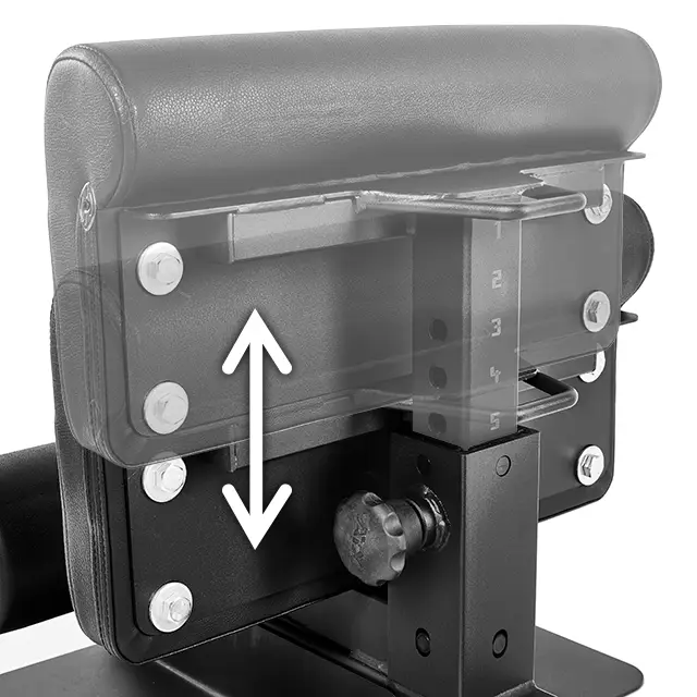 Close-up of an adjustable black padded backrest on the ATX® Sissy Squat Stand. A white arrow indicates the direction of adjustment, with numbered settings for height visible on a metal rod.