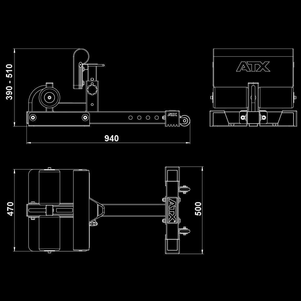 Technical line drawing of an ATX® Sissy Squat Machine from the side, front, and top, showing its dimensions in millimeters.