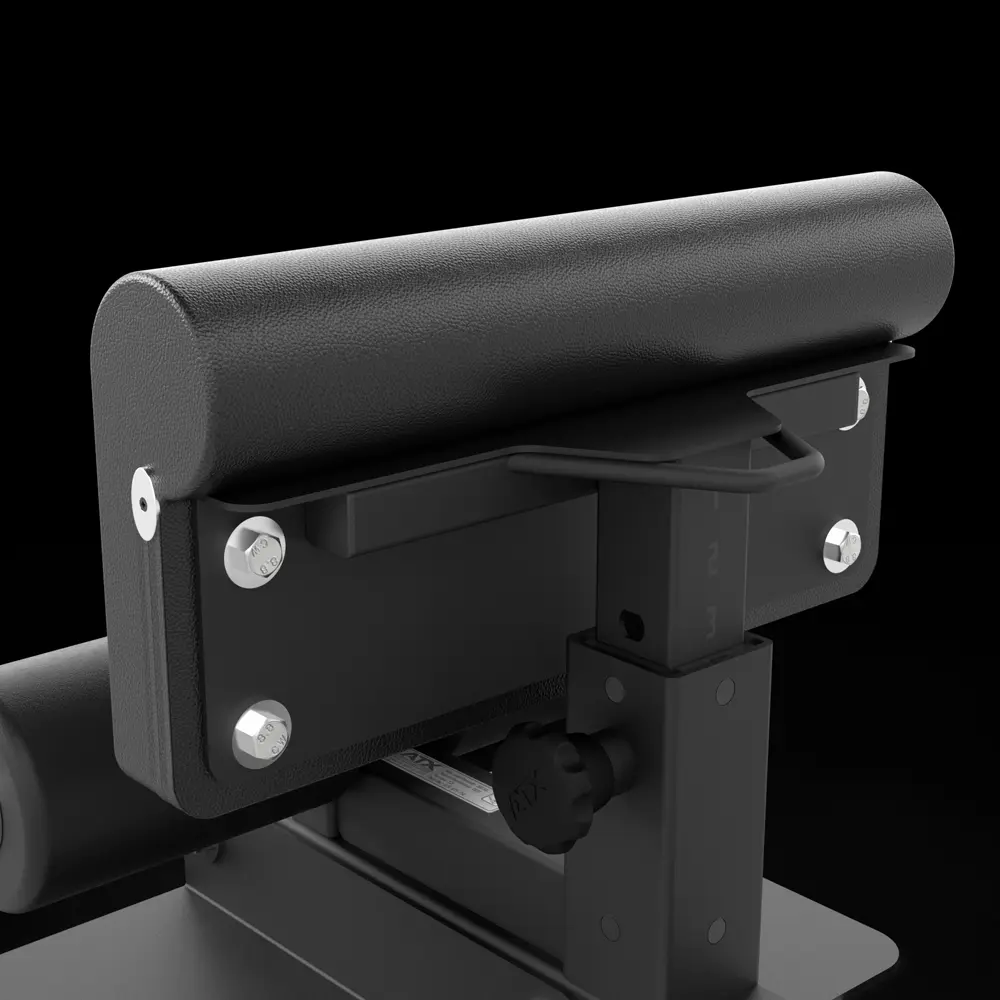 A close-up of the ATX® Sissy Squat Machine featuring a padded calf support, a height-adjustable upright post, and a black adjustment knob.