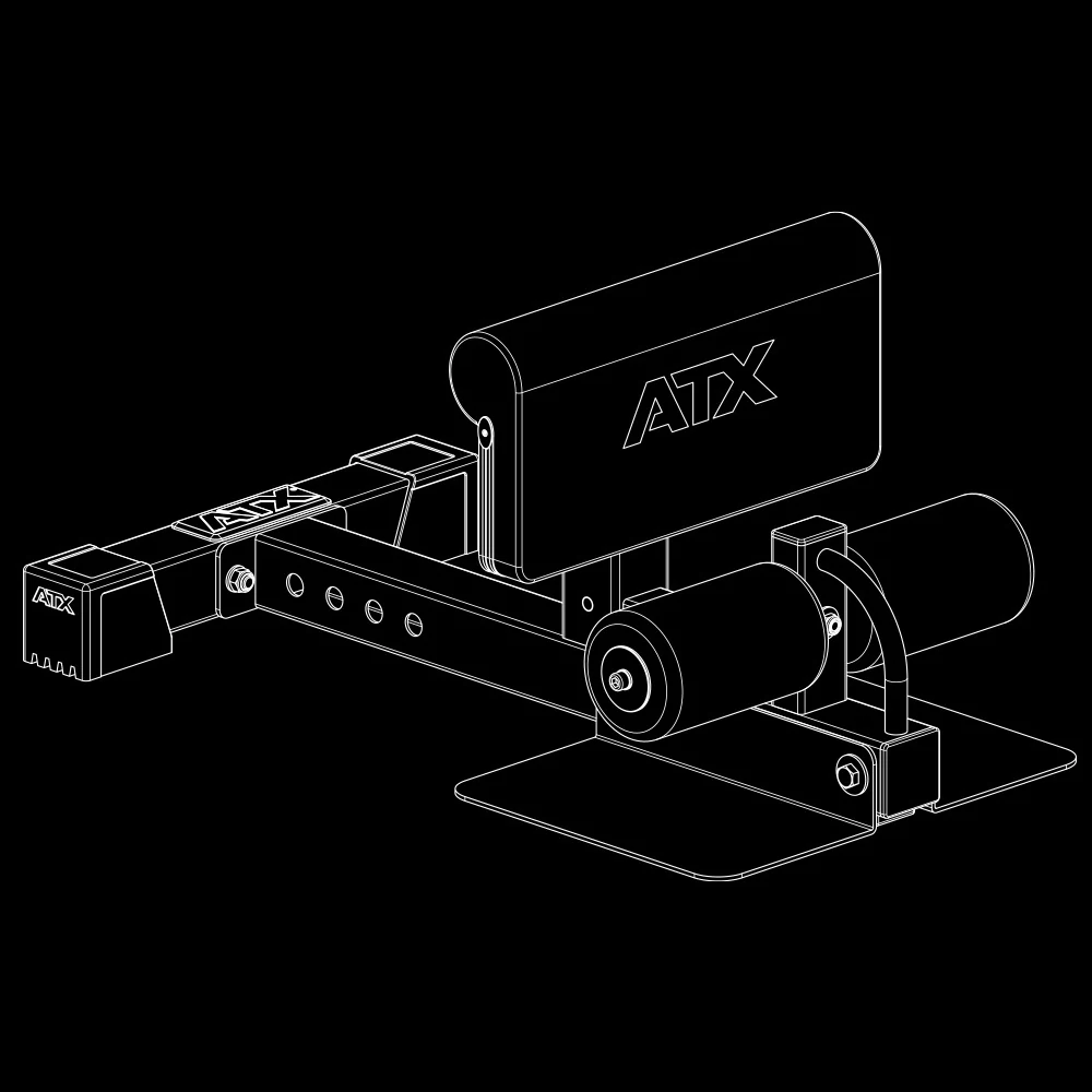 Line drawing of an ATX® Sissy Squat Machine featuring an adjustable leg pad, foot plate, and lower leg rollers.