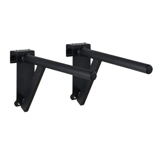 The ATX® Wall Bar Gym features a pair of black metal wall-mounted dip bars with cylindrical grips, perfect for upper body workouts. Angled for stability, they complement Swedish Bars and are securely attached to brackets for reliable wall mounting.
