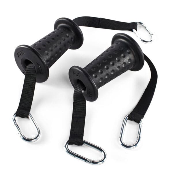 The ATX® Conic Fat Grips feature two black textured handles with black straps ending in silver carabiners, ideal for strength training and providing a firm grip during exercises.