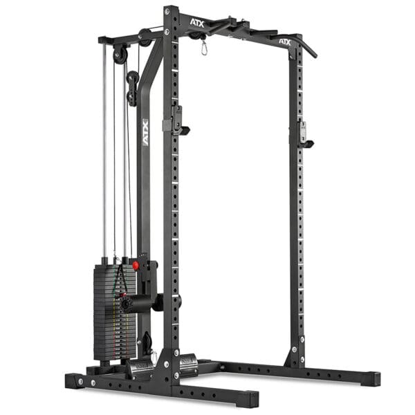 The ATX® HRX-620 Half Rack System Pin Loaded 115 kg is a black rectangular machine designed for gym use, featuring multiple weight stacks and pulleys. Its sturdy metal frame supports various exercises to target different muscle groups effectively.